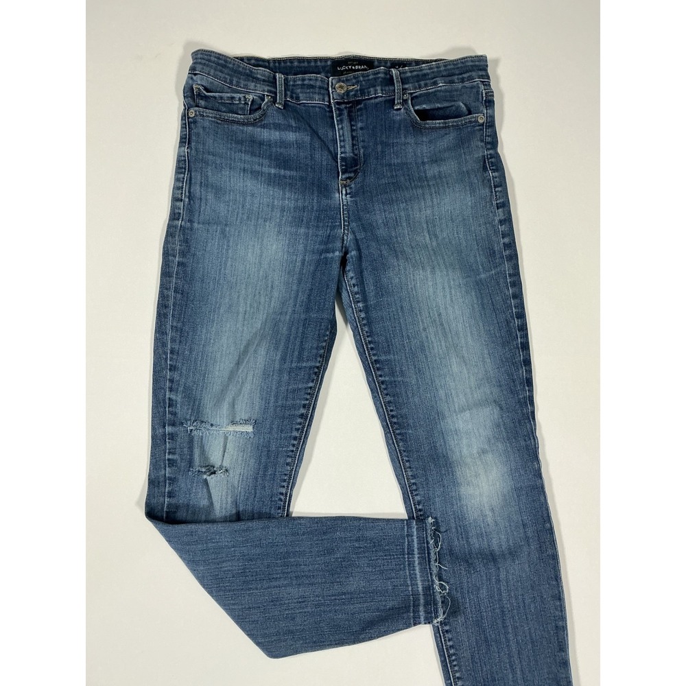 Lucky Brand Skinny Jeans Distressed Raw Hem Mid Rise Medium Wash Size 14/32